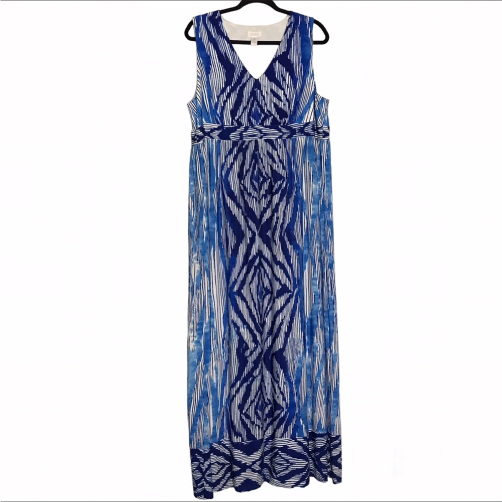 Chico’s Blue Geometric Striped V-Neck Sleeveless Empire Maxi Dress 3 XL Beach